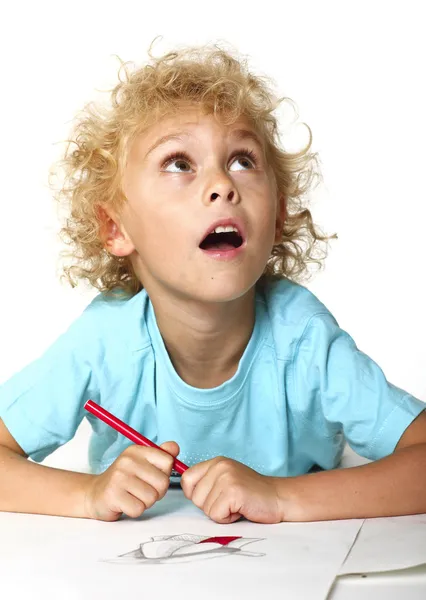 Little kid drawing and thinking — Stock Photo, Image