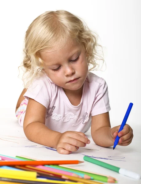 Blonde kid drawing — Stock Photo, Image