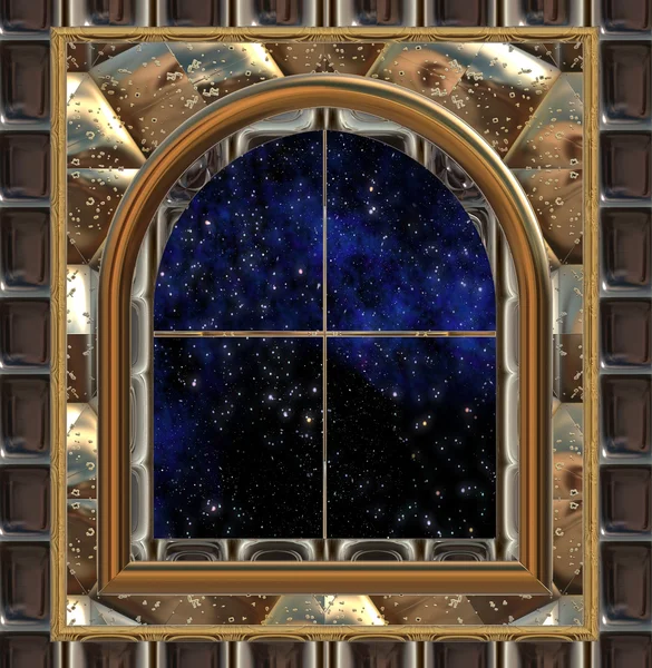 Παράθυρο γοτθικός ή επιστημονικής φαντασίας που ψάχνει σε χώρο ή έναστρο ουρανό τη νύχτα — Διανυσματικό Αρχείο