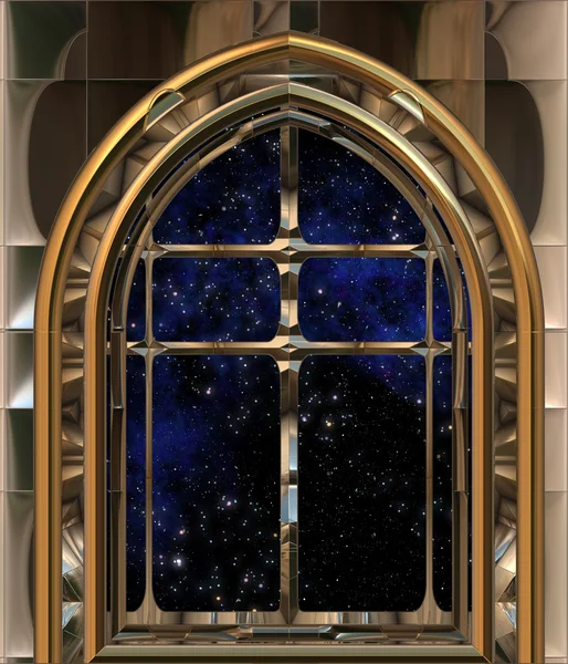 哥特式或科幻小说的窗户正对入空间或繁星点点的夜空 — 图库矢量图片