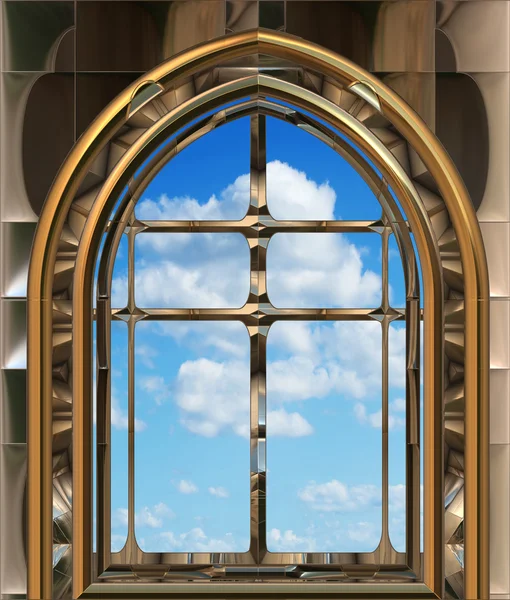 Gotisch of scifi venster met blauwe hemel — Stockvector