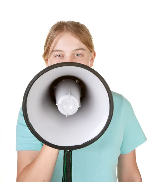 Εφηβικό κορίτσι μιλάει στο μεγάφωνο — Φωτογραφία Αρχείου