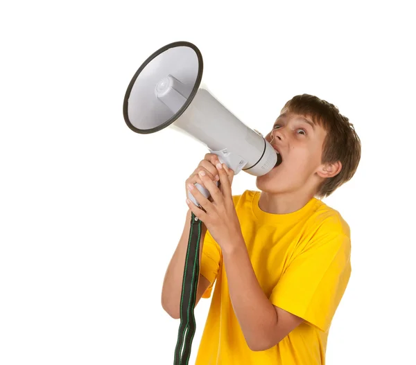 Boy yelling into megaphone — Stock Photo, Image