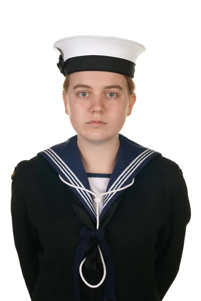 Γυναίκα ναυτικός σε ναυτικό απομονωμένες λευκό — Φωτογραφία Αρχείου