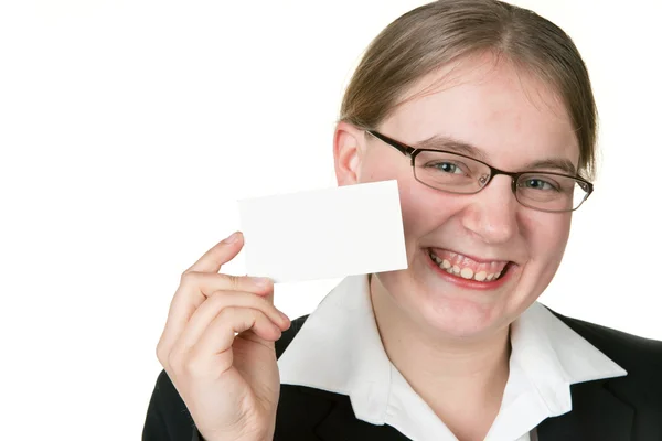 Business woman holding businesscard — Stock Photo, Image