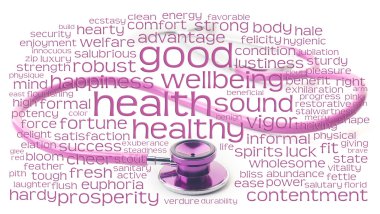 Pink stethoscope and health wordcloud clipart