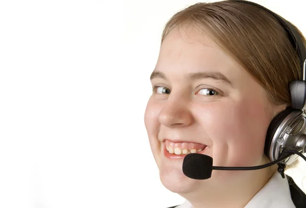 Call center business girl con auricolare — Foto Stock