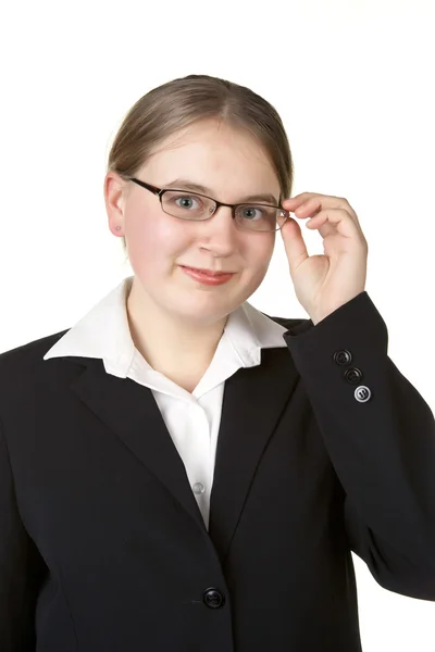 Kobieta młody biznes dostosowanie okularów — Zdjęcie stockowe