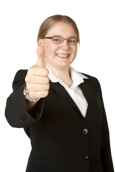 Jovem mulher de negócios com polegares para cima — Fotografia de Stock