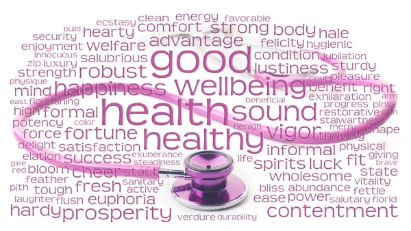Pink stethoscope and health wordcloud — Stock Photo, Image