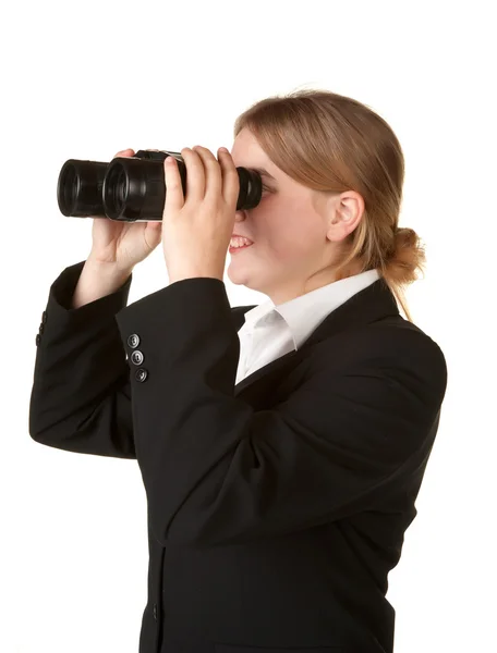 Business woman with binoculars — Stock Photo, Image