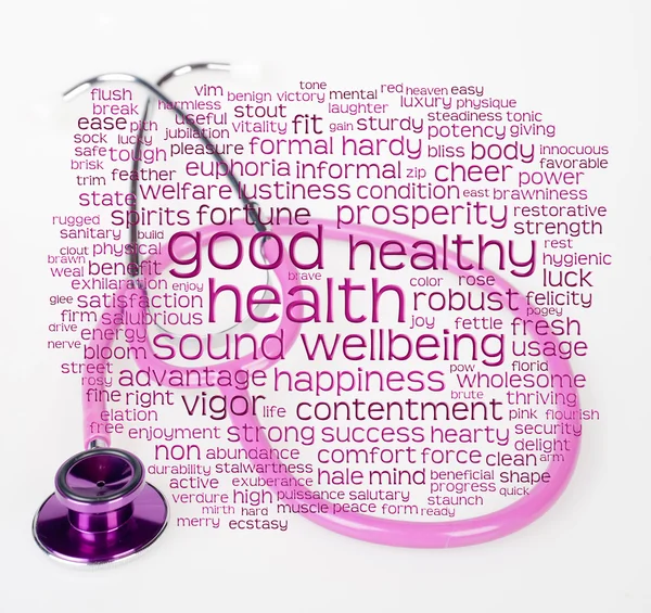 Rosa stetoskop och hälsa wordcloud — Stockfoto