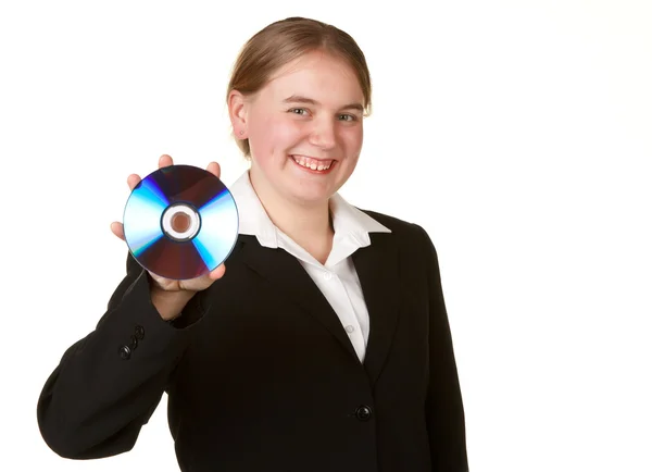 Junge Frau mit CD oder DVD — Stockfoto