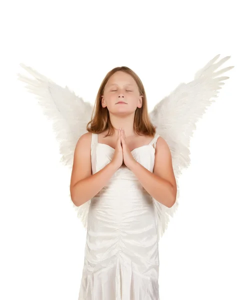Jovem menina anjo orando no branco — Fotografia de Stock