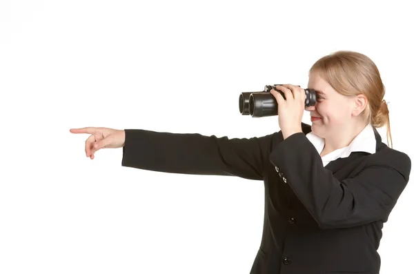 Young business woman with binoculars — Stock Photo, Image
