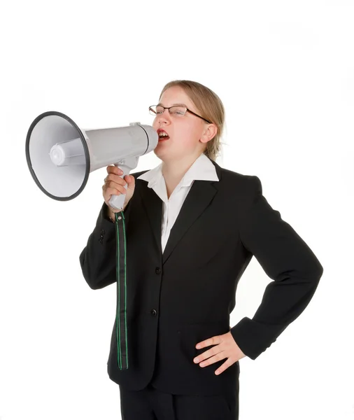 Giovane donna d'affari con megafono — Foto Stock