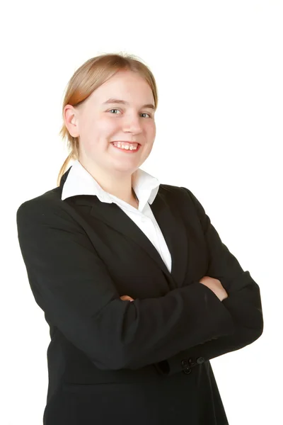 Selbstbewusste junge Geschäftsfrau isoliert auf weiß — Stockfoto