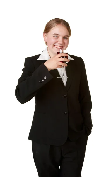 Young business woman with glass wine — Stock Photo, Image