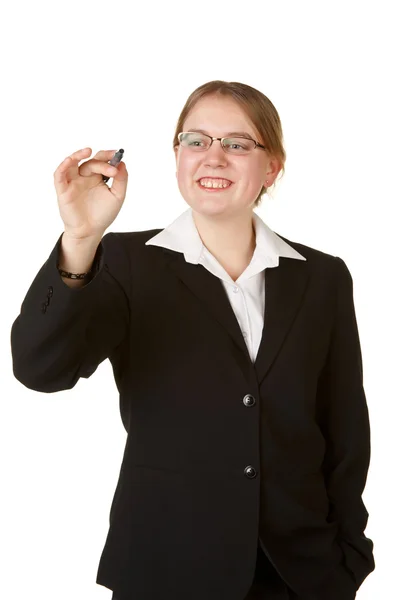 Kobieta młody biznes z marker na białym tle — Zdjęcie stockowe