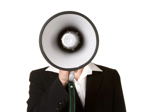 Young business woman with megaphone — Stock Photo, Image