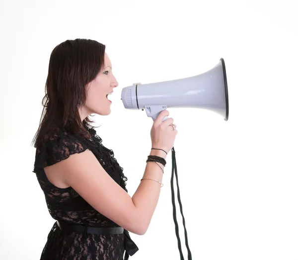 Young woman wiht megaphone or bullhorn — Stock Photo, Image