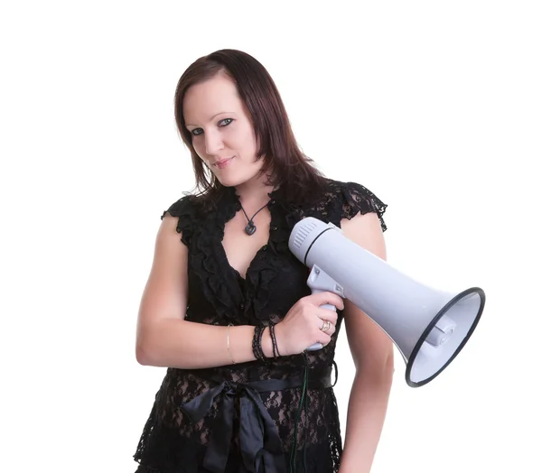 Giovane donna con megafono o corno di bue — Foto Stock