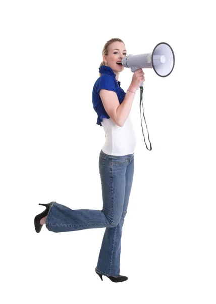 Young woman with bullhorn — Stock Photo, Image