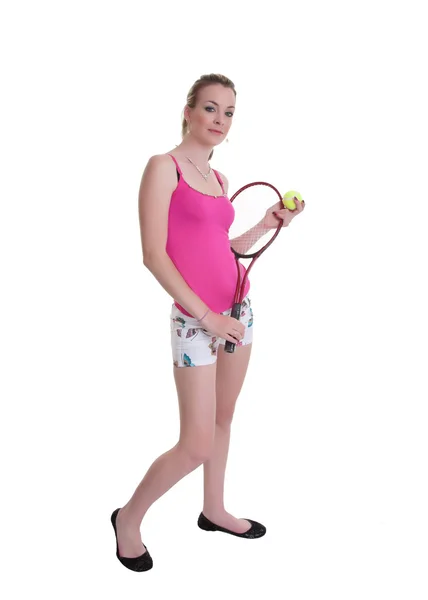 Mooi meisje met tennisracket op wit — Stockfoto
