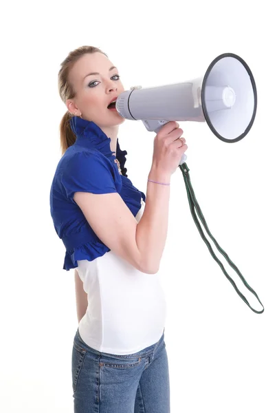 Giovane donna con megafono — Foto Stock