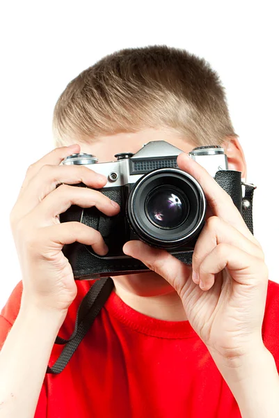 stock image Professional photographer isolated on white. Portrait of young t