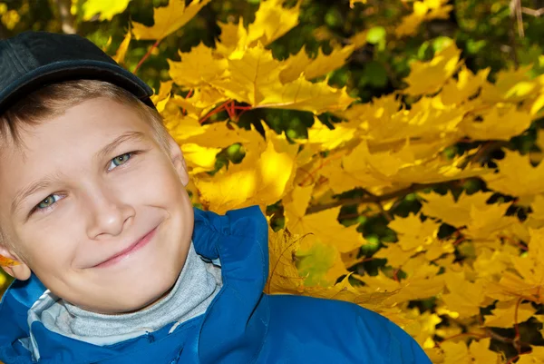 Tonåringen på en bakgrund av gula blad av en lönn. Solar — Stockfoto