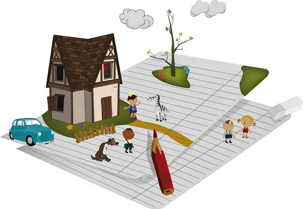 Маленький домик и детская площадка — стоковый вектор