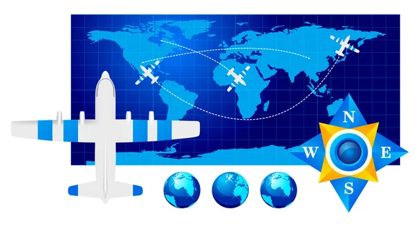 Illustratie vliegtuig reizen op kaart — Stockvector