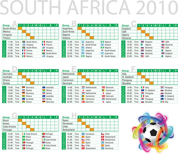 Χρονοδιάγραμμα των αγώνων του Παγκοσμίου Κυπέλλου 2010 — Διανυσματικό Αρχείο