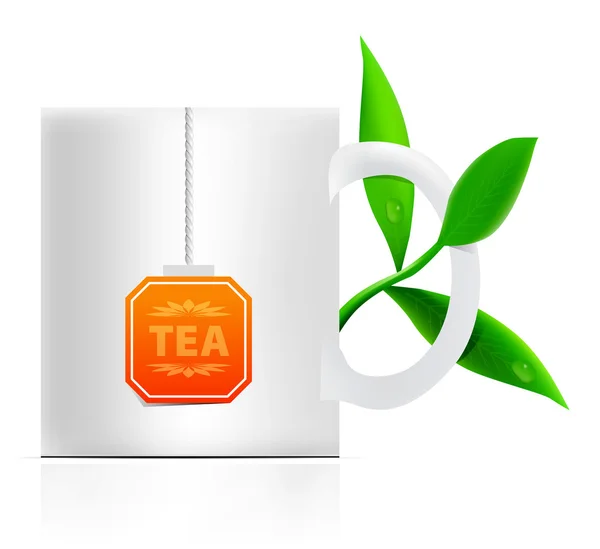 Векторная кружка чая с этикеткой пакетика и листьями — стоковый вектор