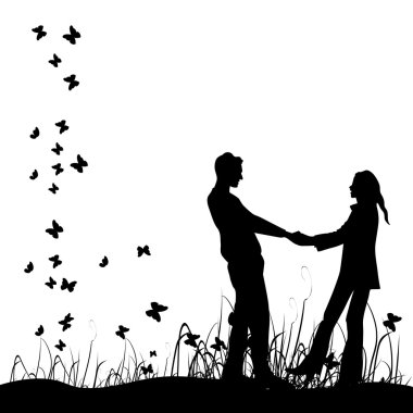 Couple on meadow, black silhouette clipart