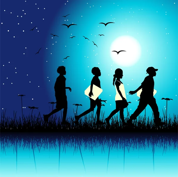 Children group on nature, night scene — Stock Vector