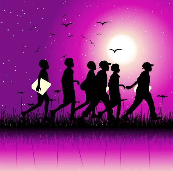 Groupe d'enfants sur la nature, scène nocturne — Image vectorielle