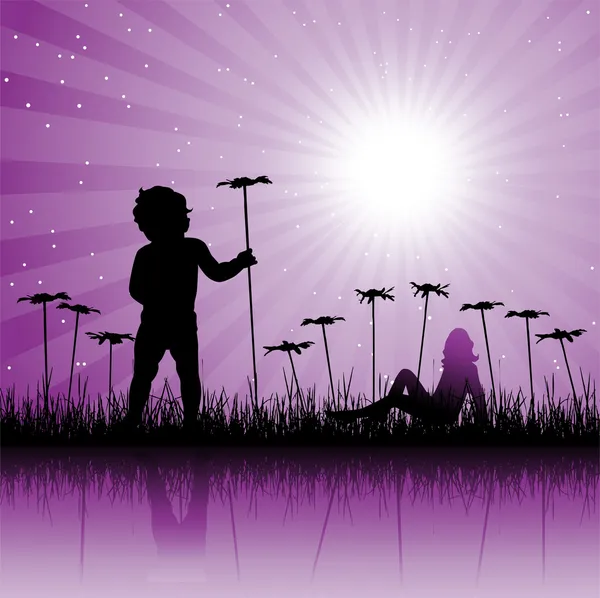 Enfant sur champ floral — Image vectorielle