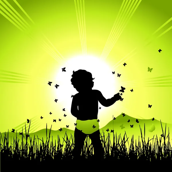 Baby on nature, black silhouette — Stock Vector