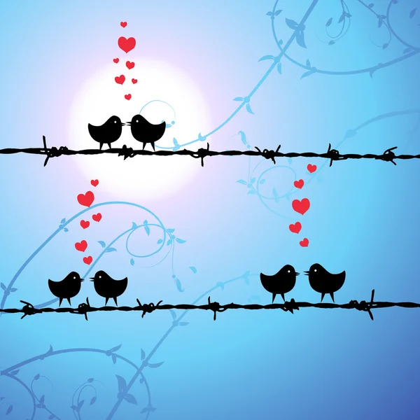 Liebe, Vögel küssen sich auf Ast — Stockvektor
