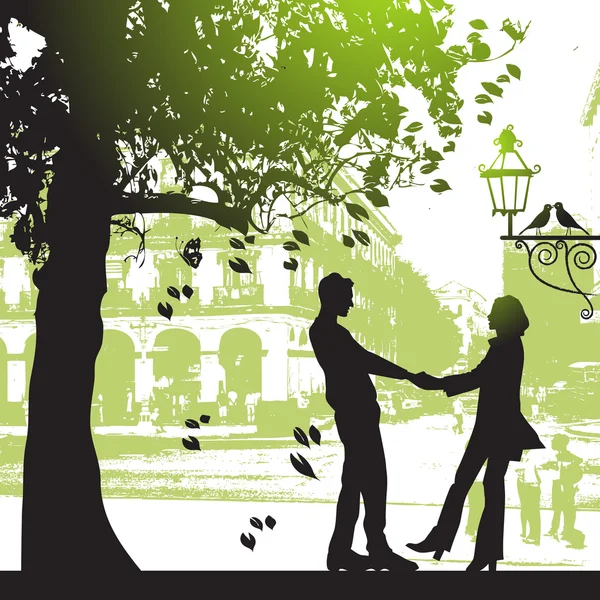Couple under the tree in city park Vector Graphics