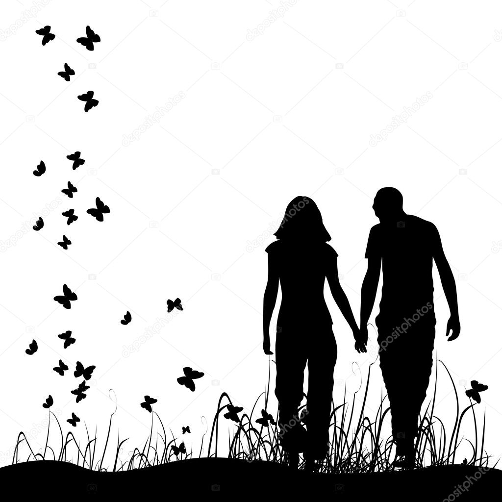 Couple on meadow, black silhouette