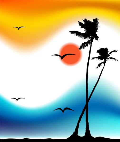 Coucher de soleil tropical, silhouette de palmier — Image vectorielle