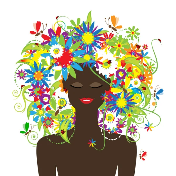 Cara de verano, mujer con peinado floral — Archivo Imágenes Vectoriales