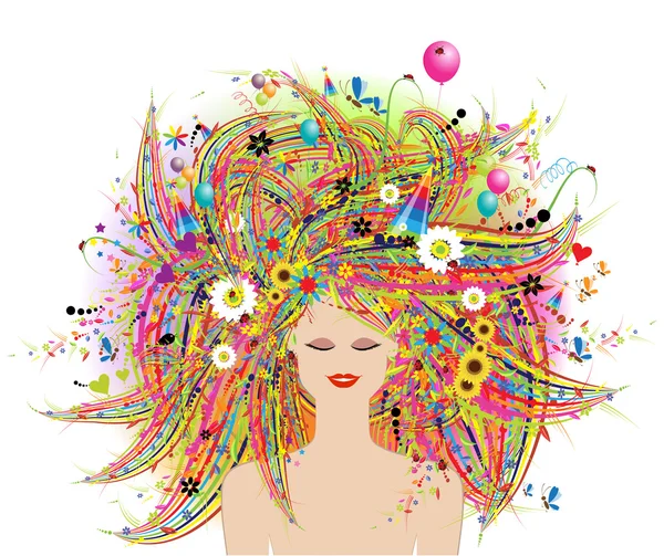 Woman face, festive floral hairstyle — Stock Vector