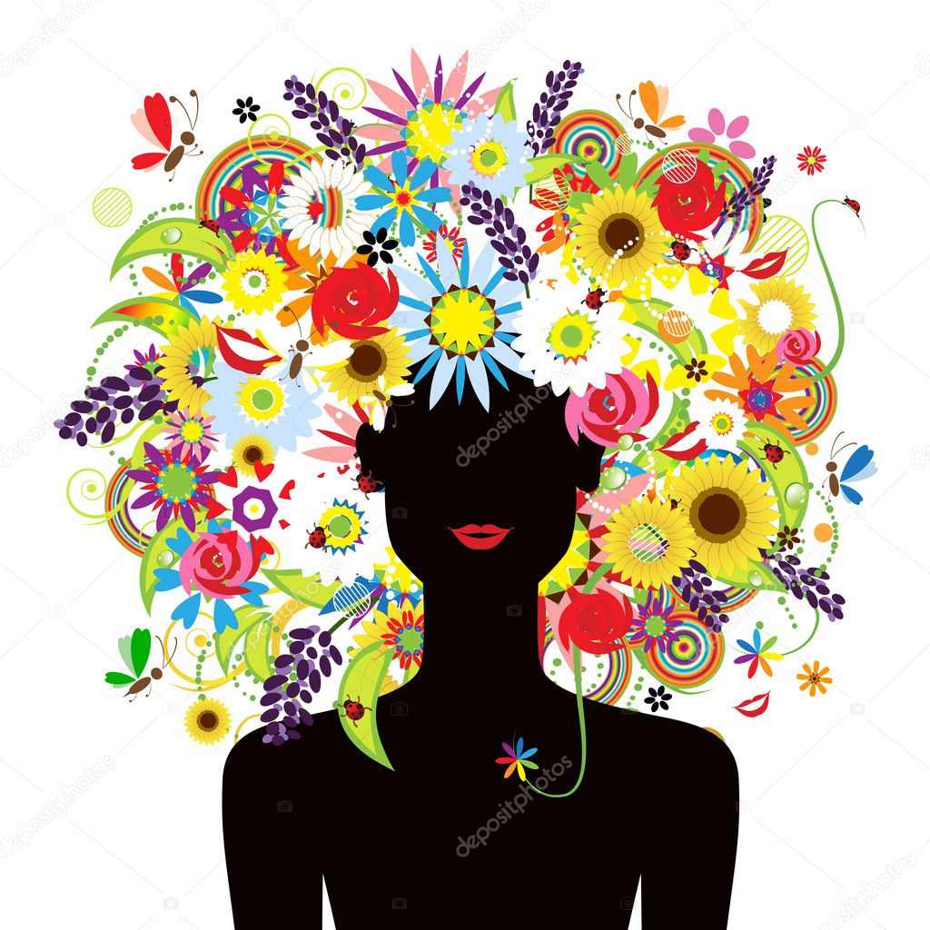 Summer face, woman with floral hairstyle