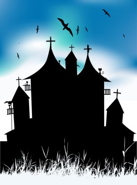 Castle gothic medieval on hill, black silhouette clipart