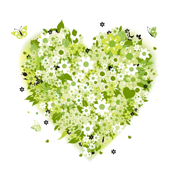 Forma de coração floral, verde verão — Vetor de Stock