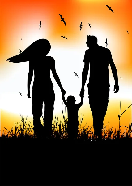 Сім'я з маленькою дитиною гуляє по полю — стоковий вектор